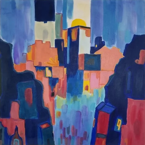 تابلو نقاشی اکریلیک مدل شهر پشت صخره کد 122